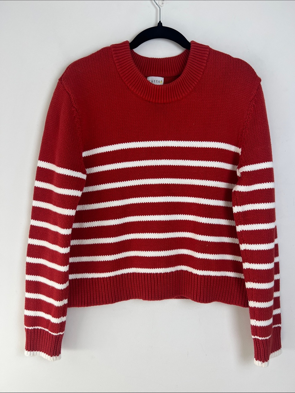 Tutto Large Red And White Striped Crewneck Sweater 100% Cotton Nautical Preppy